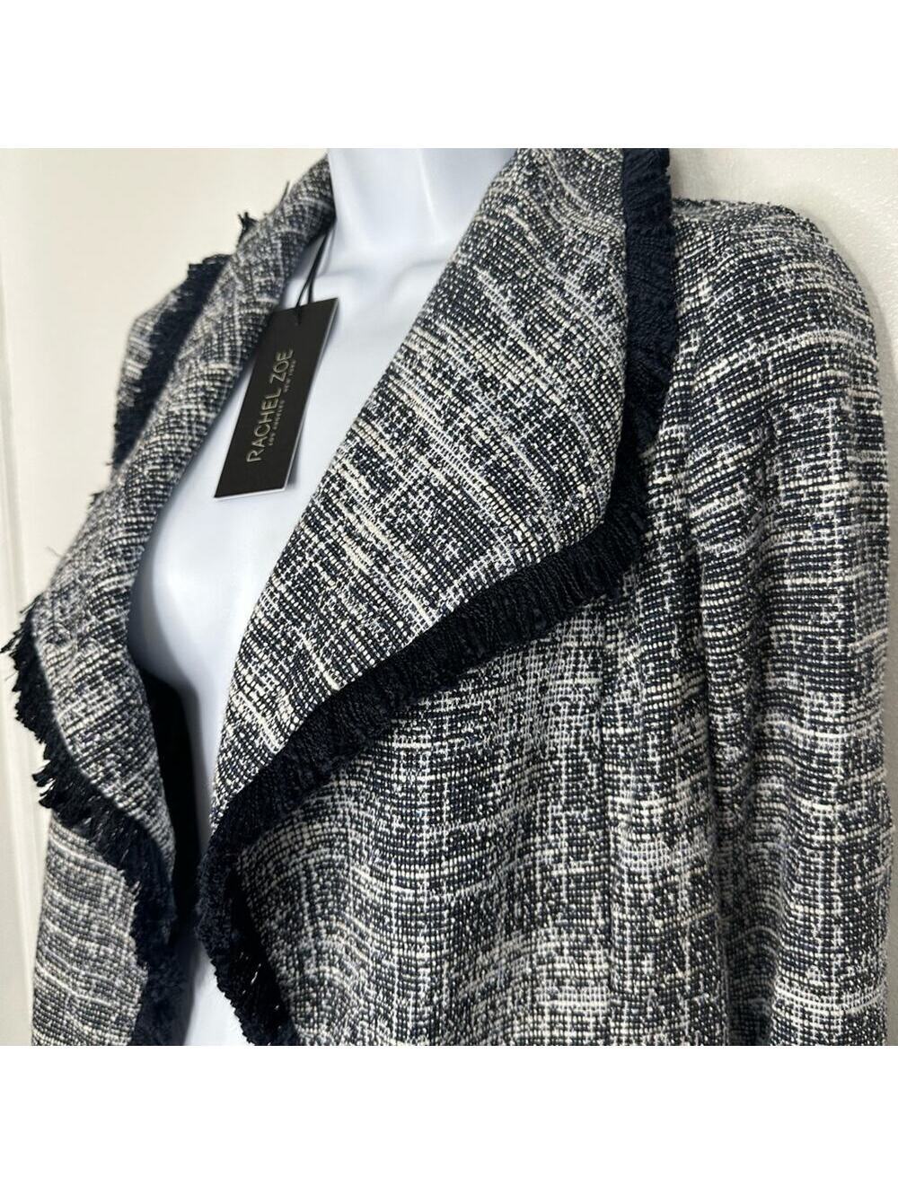 Rachel Zoe Tweed Fringe Jacket Black White Open Front Blazer Boucle Coat, XS - Picture 7 of 8